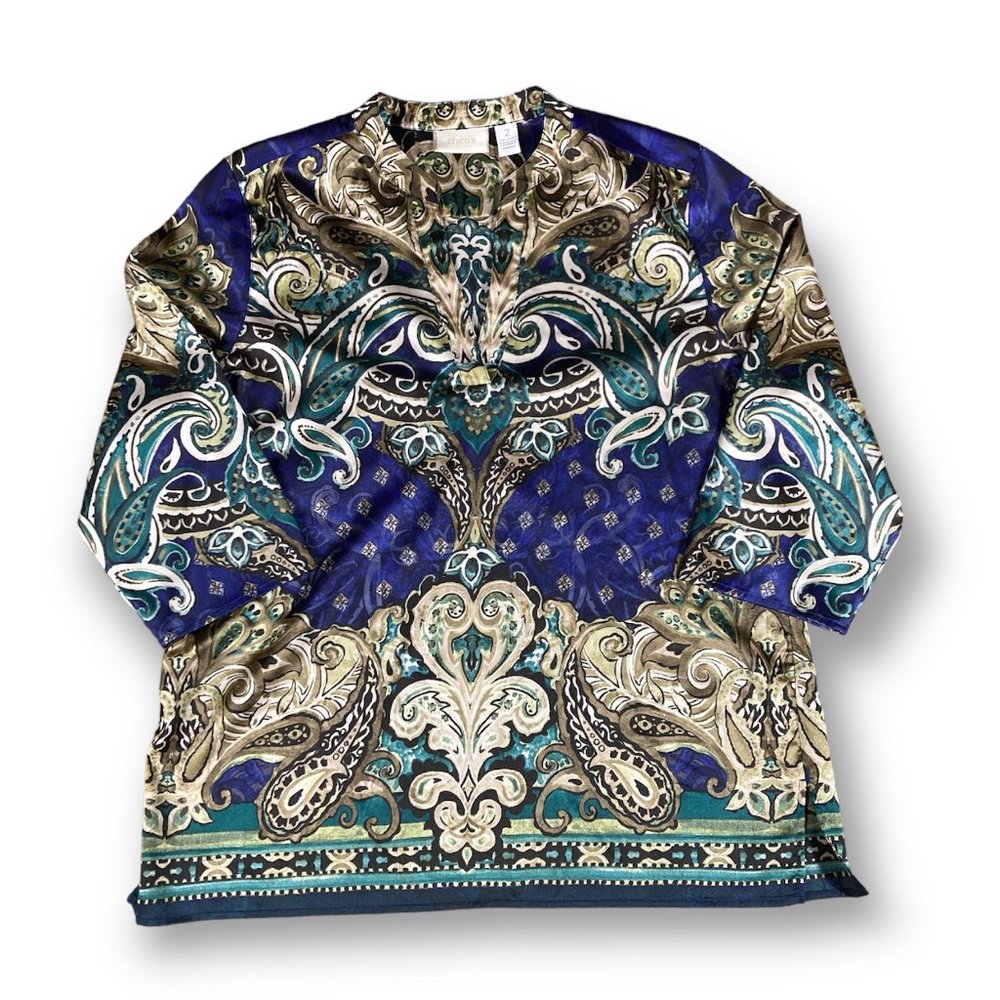 Chico's Top Size 2 Paisley style color blue patterns mom womens